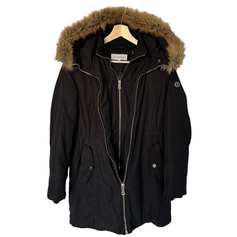CALVIN KLEIN  WOMENS SMALL BLACK PUFFER PARKA JACKET HOODED DOUBLE ZIPPER SIZE S